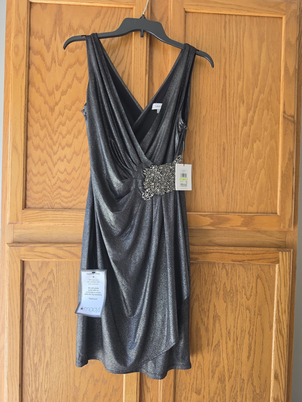 Calvin Klein Metallic Black Evening Wrap Dress with Embellished Waist